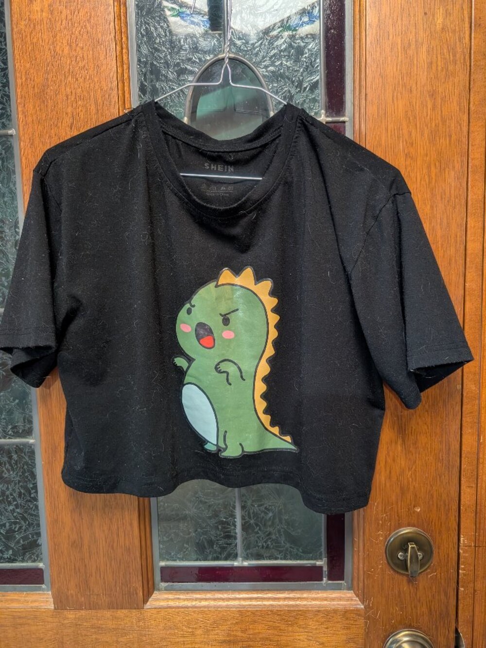 Womens black graphic crop tee, size Medium